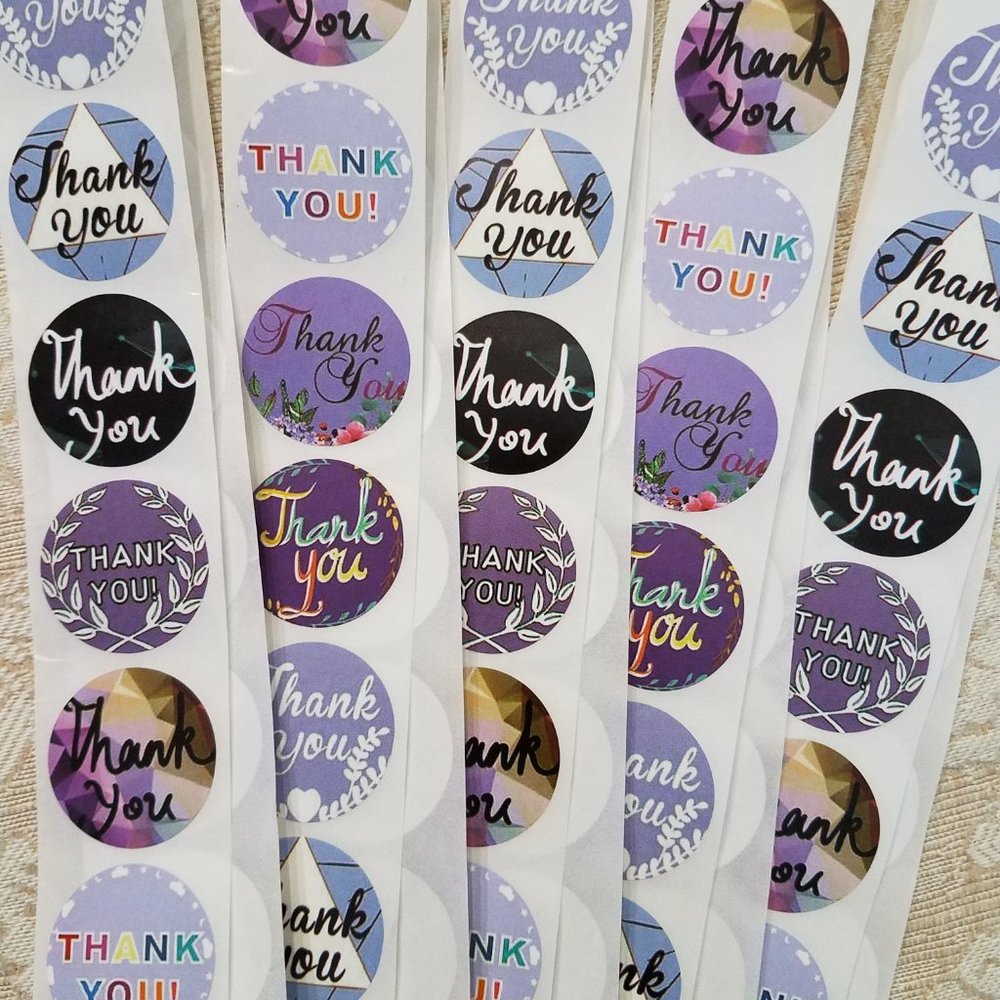 100 THANK YOU Purple Stickers 8 Designs 1"